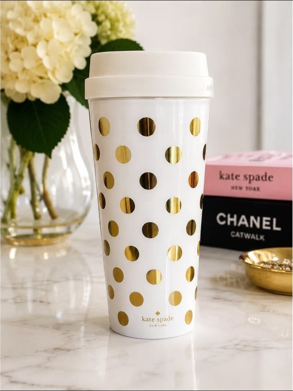 kate spade White and Gold Polka Dot Travel Tumbler